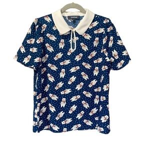 NWOT ModCloth Novelty Polar Bear All Over Print Short Sleeve Collar Top Sz M